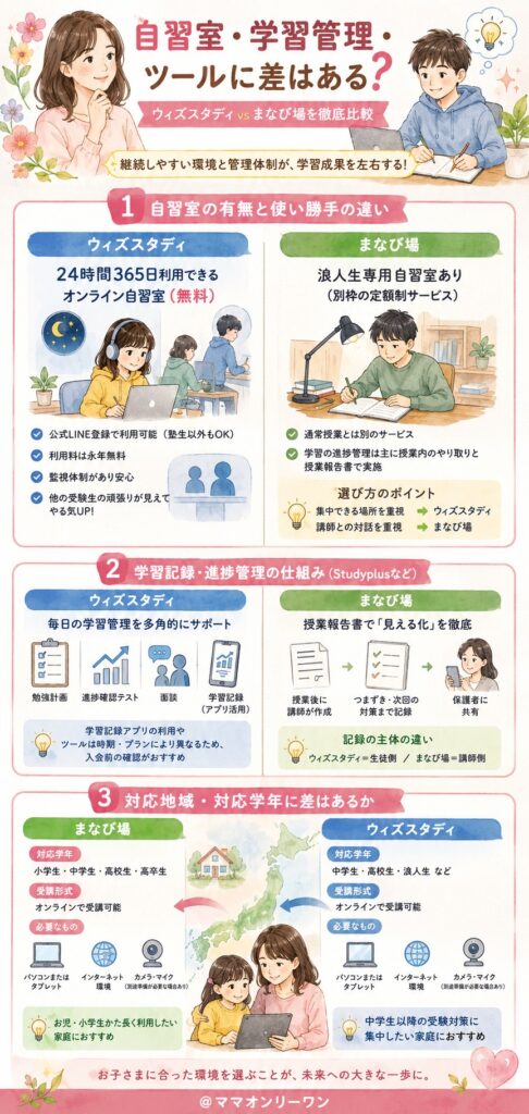 まなび場とウィズスタディ 自習室・学習管理ツールに差はある?