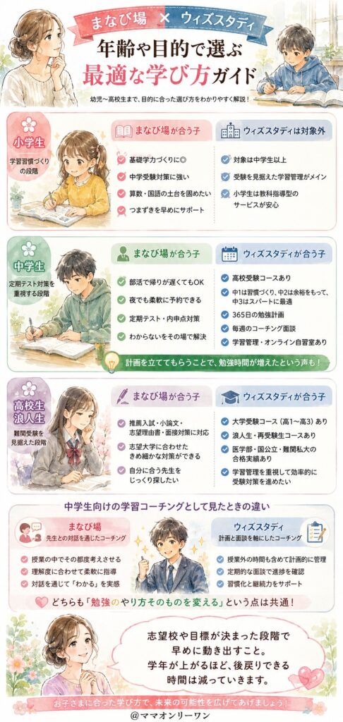 まなび場とウィズスタディ 幼児〜高校生、年齢や目的別に見るとどちらが合う?