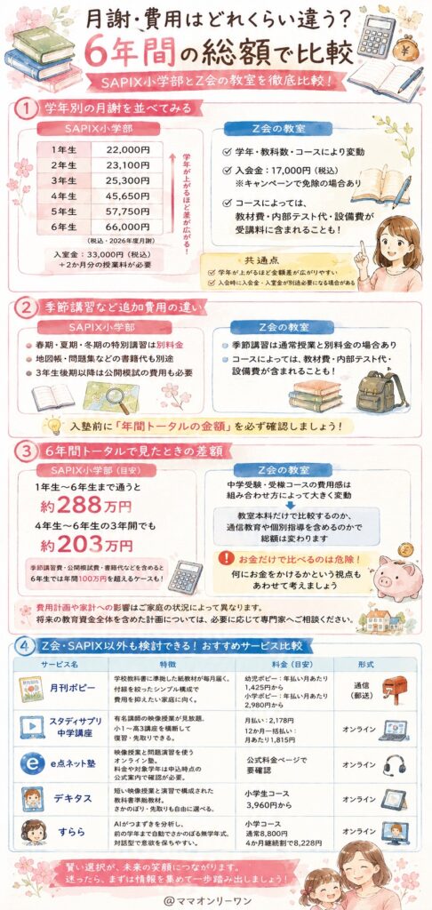 月謝・費用はどれくらい違う?6年間の総額で比較