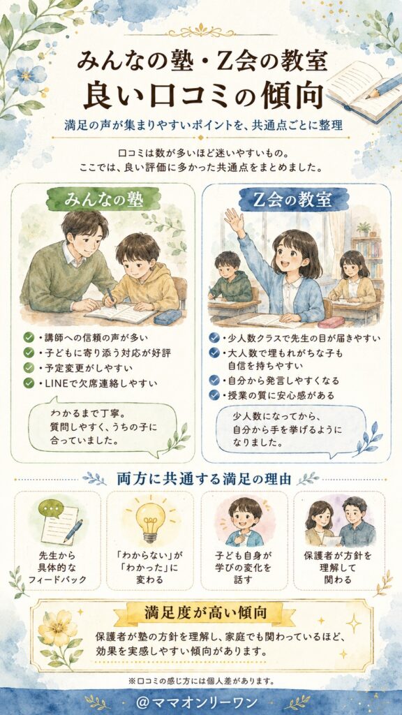 みんなの塾とZ会の教室 良い口コミの傾向、実際どこに満足の声が集まっているの?
