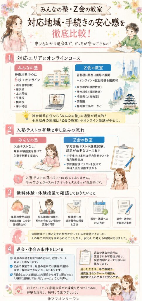 みんなの塾とZ会の教室 対応地域・申し込みから退会まで、どっちが安心できるの?