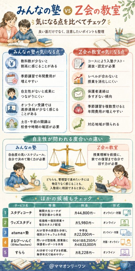 みんなの塾とZ会の教室 デメリットを比べたら、どっちが我が家にとって重いの?
