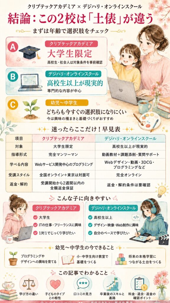 クリプテックアカデミアとデジハリ・オンラインスクール 結論から言うと、うちの子にはどっちが合うの?