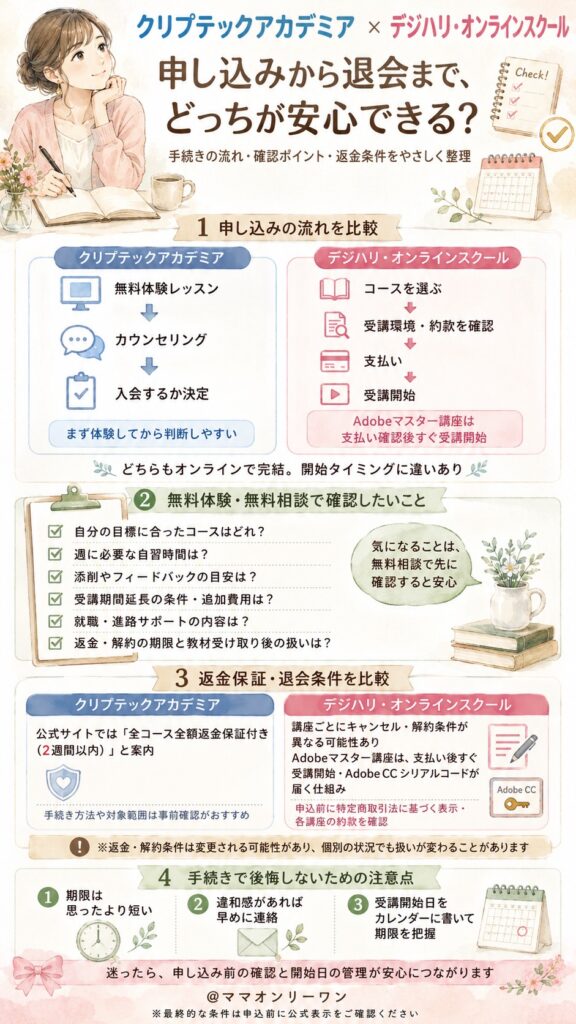 クリプテックアカデミアとデジハリ・オンラインスクール 申し込みから退会まで、どっちが安心できるの?