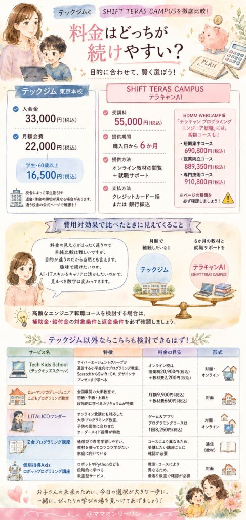 テックジムとSHIFT TERAS CAMPUS 料金はどっちが続けやすい？