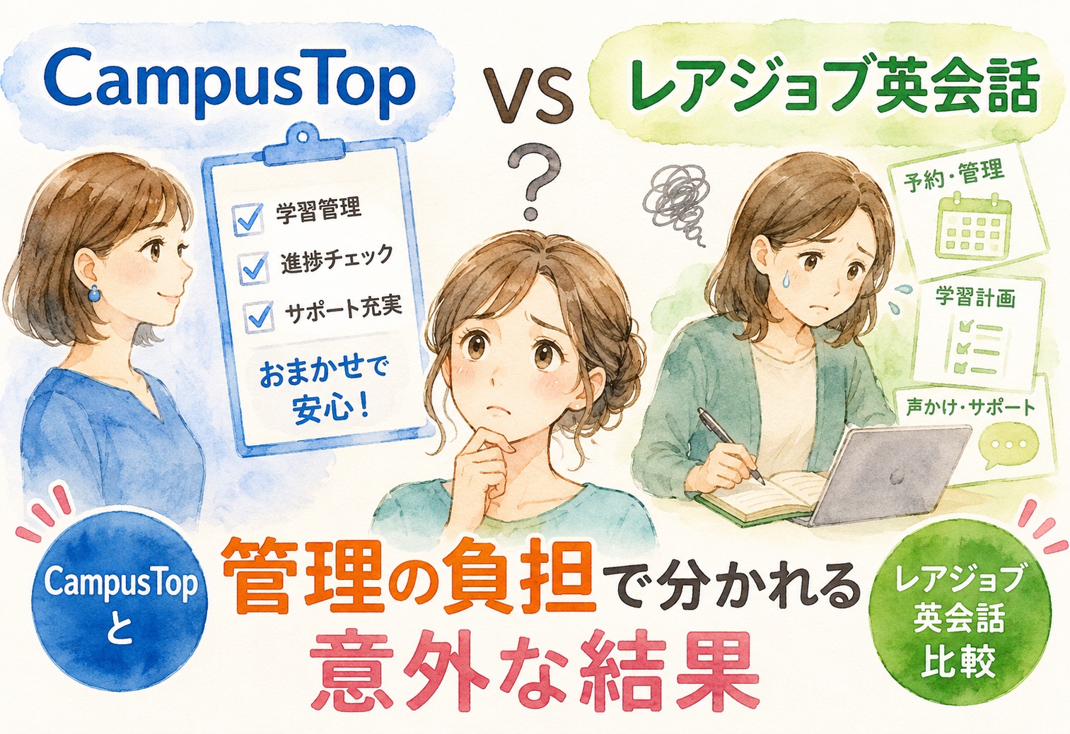 CampusTopとレアジョブ英会話比較、管理の負担で分かれる意外な結果