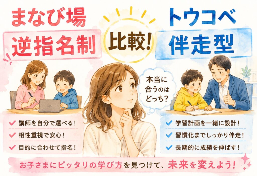 まなび場とトウコベを比較!「逆指名制」と「伴走型」、本当に合う方はどっち