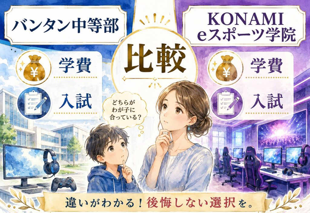 バンタン中等部とKONAMI eスポーツ学院比較｜学費も入試の実態も調べてみたら想像以上に違いがはっきりしました
