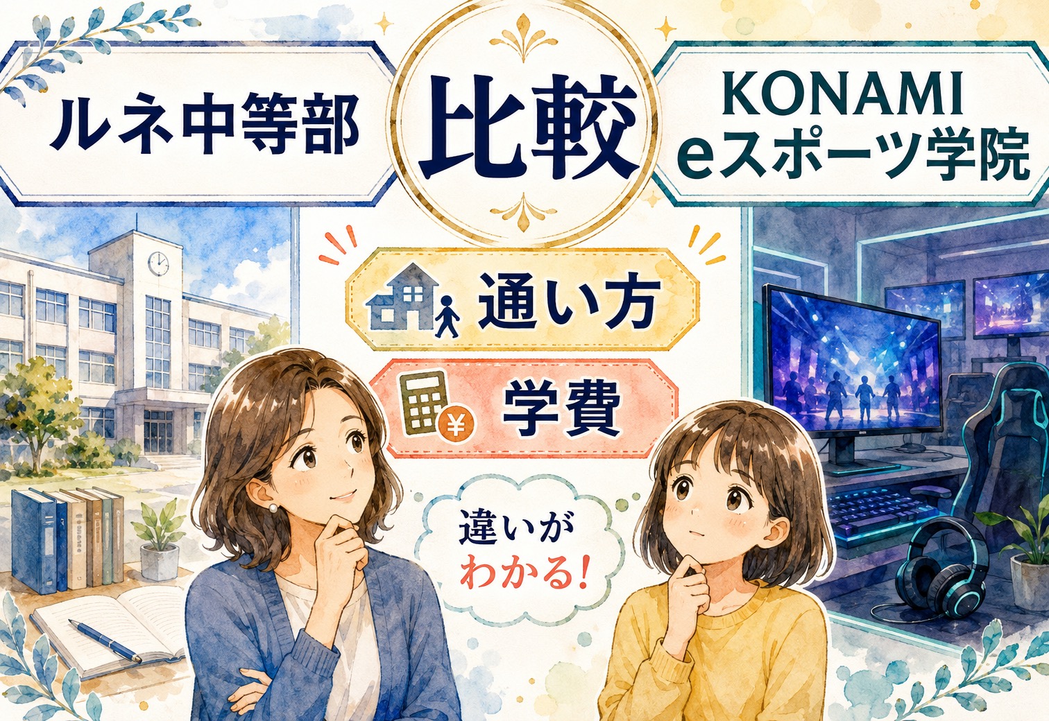 ルネ中等部とKONAMI eスポーツ学院比較|通い方も学費の実態も調べてみたら想像以上に違いがはっきりしました