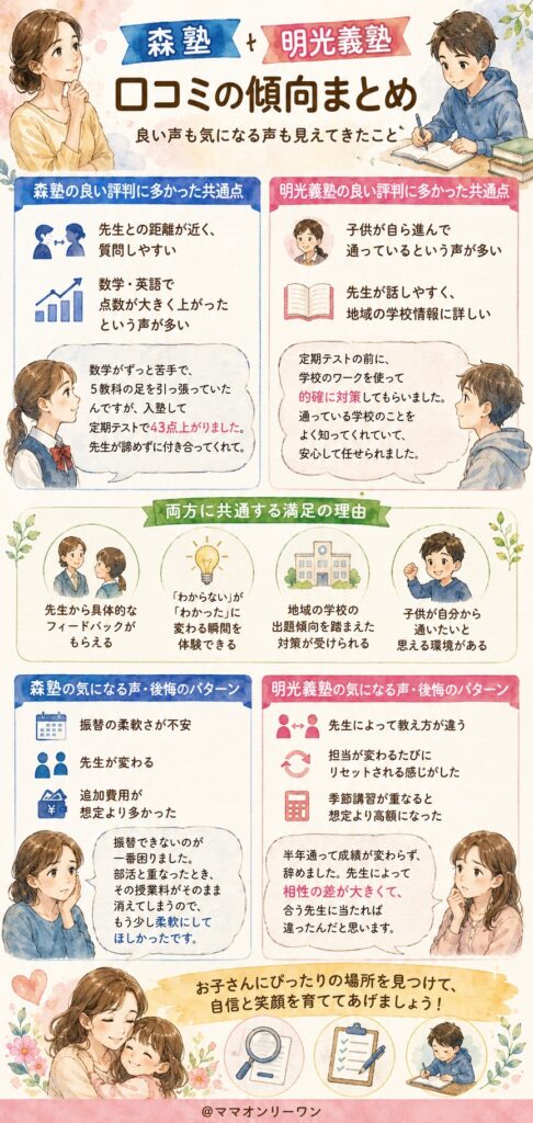 森塾と明光義塾 口コミの傾向、良い声も気になる声もまとめて見えてきたこと