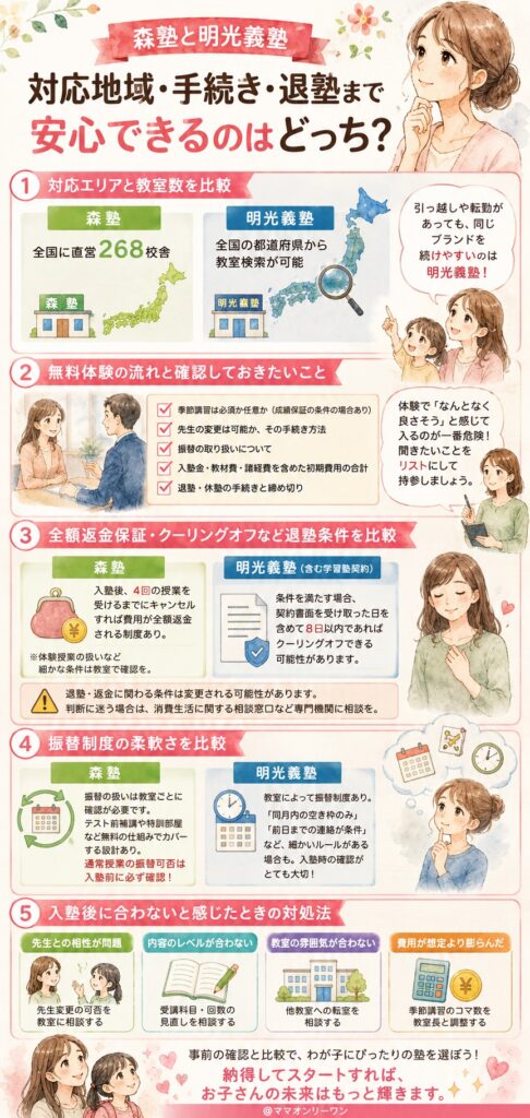 森塾と明光義塾 対応地域・申し込みから退塾まで、どっちが安心できるの?