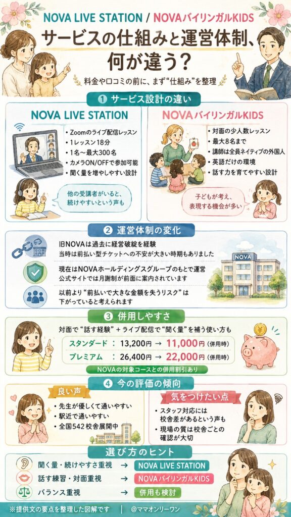 NOVA LIVE STATIONとNOVAバイリンガルKIDS サービスの仕組みと運営体制、そもそも何が違うの?