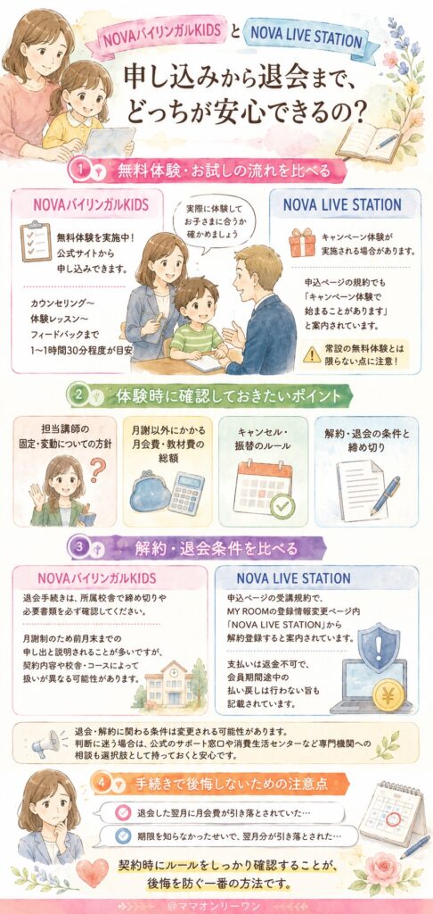 NOVA LIVE STATIONとNOVAバイリンガルKIDS 申し込みから退会まで、どっちが安心できるの?