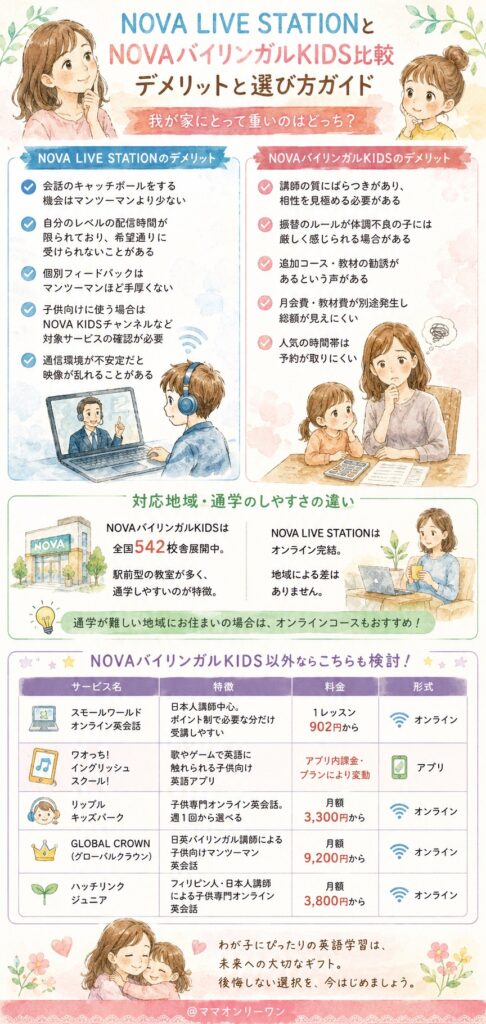 NOVA LIVE STATIONとNOVAバイリンガルKIDS デメリットを比べたら、どっちが我が家にとって重いの?