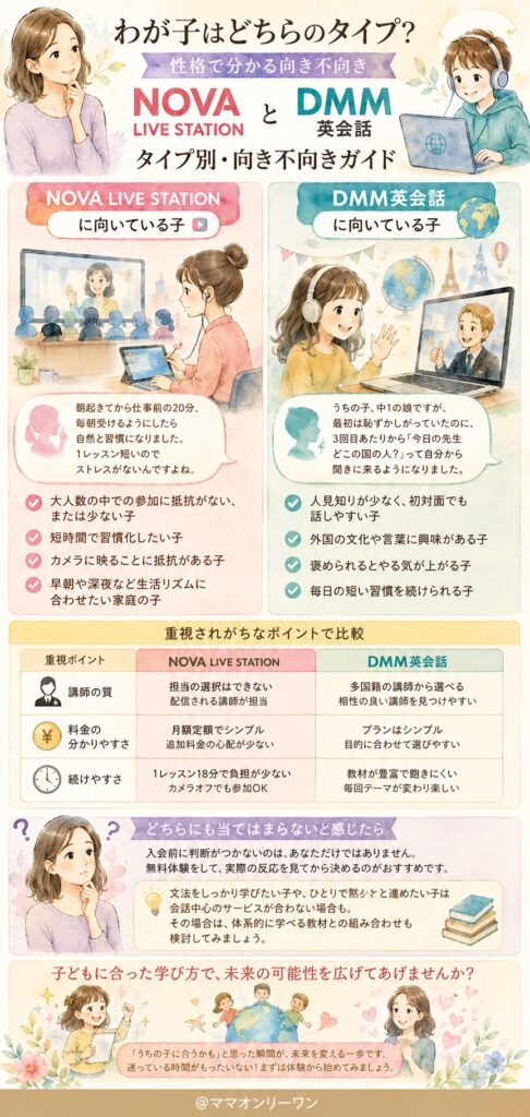 NOVA LIVE STATIONとDMM英会話 わが子はどちらのタイプ?性格で分かる向き不向き