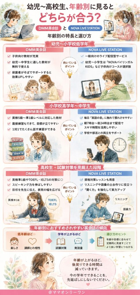 NOVA LIVE STATIONとDMM英会話 幼児〜高校生、年齢別に見るとどちらが合う?