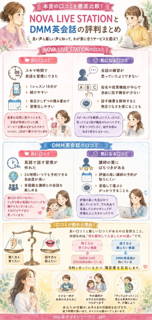 NOVA LIVE STATIONとDMM英会話 本音の口コミを集めてみた、良い声と厳しい声はどうなっている?