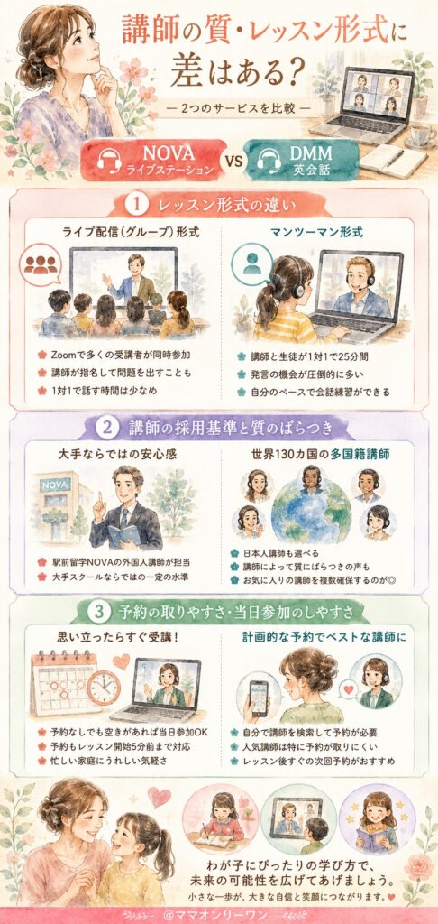 NOVA LIVE STATIONとDMM英会話 講師の質・レッスン形式に差はある?