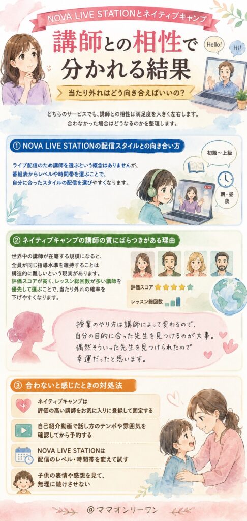 NOVA LIVE STATIONとネイティブキャンプ 講師との相性、当たり外れはどう向き合えばいいの?