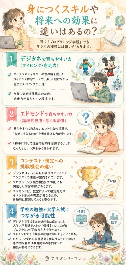 身につくスキルや将来への効果に違いはあるの？