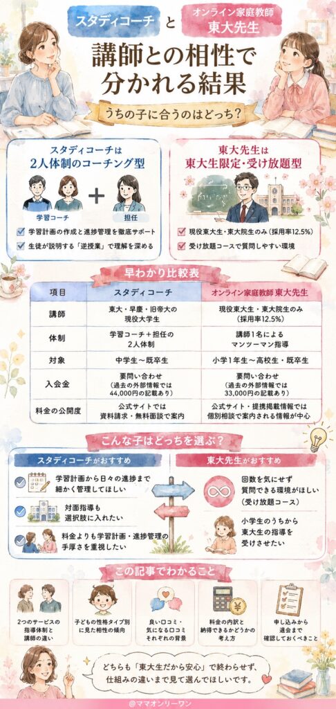 スタディコーチとオンライン家庭教師東大先生　結論から言うと、うちの子にはどっちが合うの?