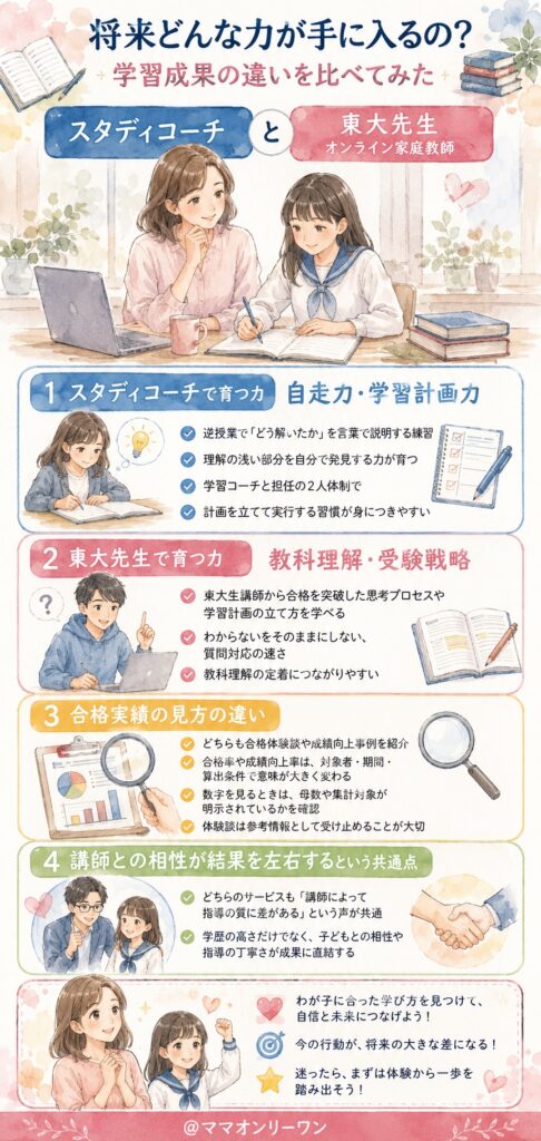 スタディコーチとオンライン家庭教師東大先生　将来どんな力が手に入るの?学習成果の違いを比べてみた