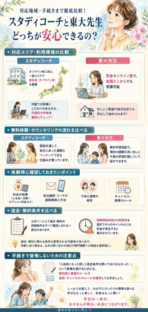 スタディコーチとオンライン家庭教師東大先生　対応地域・申し込みから退会まで、どっちが安心できるの?
