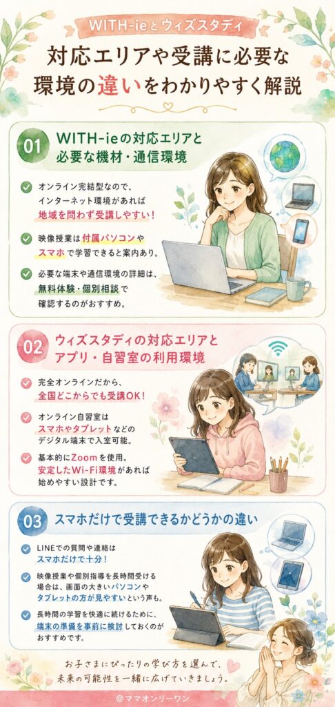 対応エリアや受講に必要な環境はどれくらい違うの?
