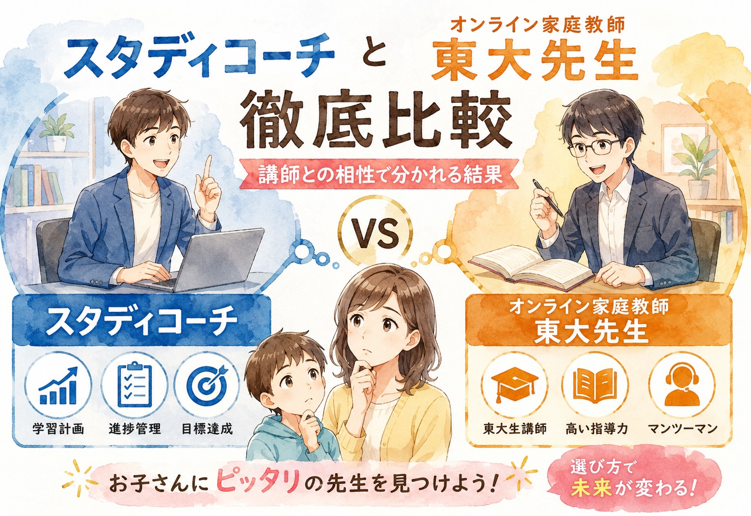 スタディコーチとオンライン家庭教師東大先生比較、講師との相性で分かれる結果