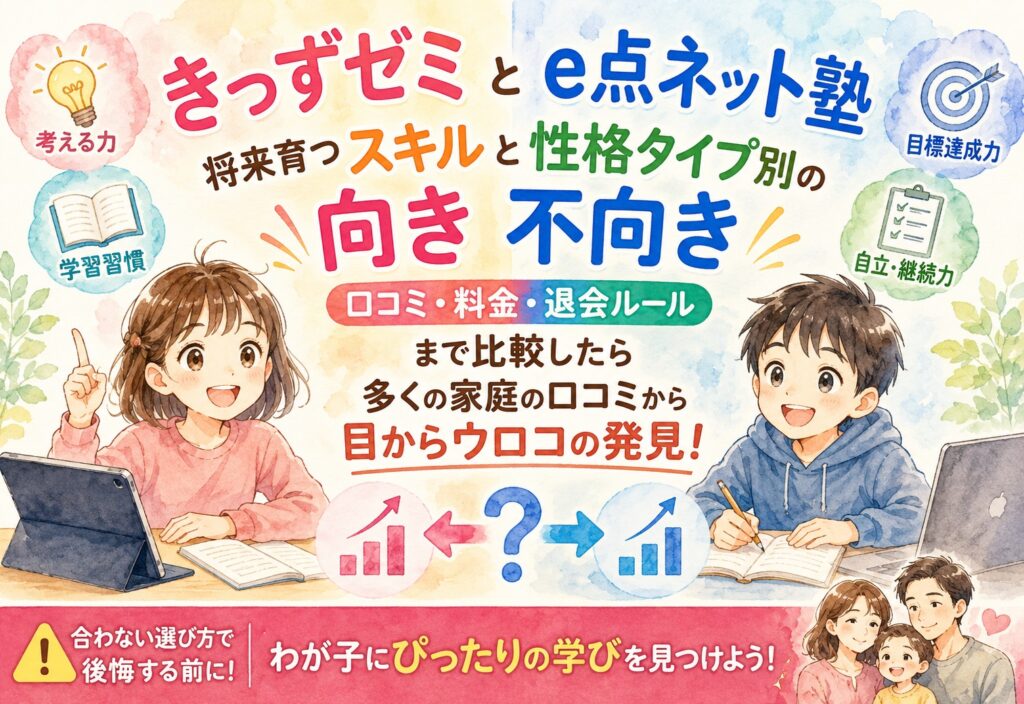 きっずゼミとe点ネット塾、将来育つスキルと性格タイプ別の向き不向き、口コミ・料金・退会ルールまで比較したら多くの家庭の口コミから目からウロコの発見