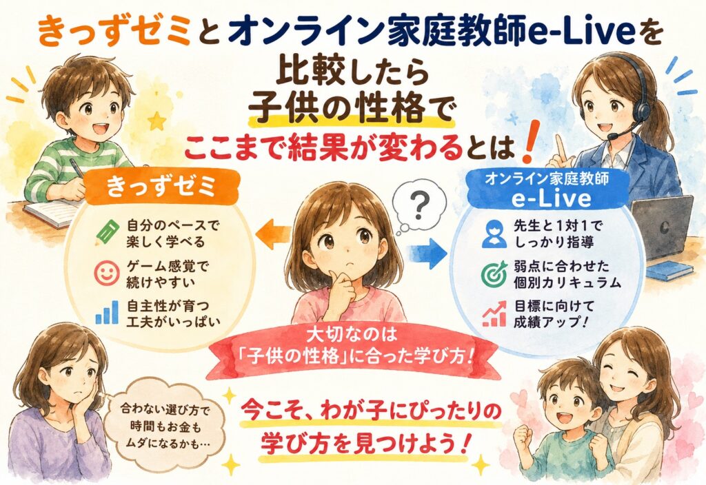 きっずゼミとオンライン家庭教師e-Liveを比較したら子供の性格でここまで結果が変わるとは
