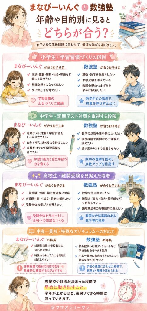 まなびーいんぐと数強塾幼児〜高校生、年齢や目的別に見るとどちらが合う?