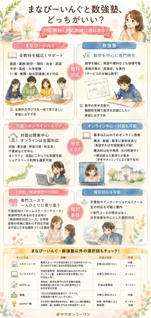まなびーいんぐと数強塾対応教科・対応地域に差はある?