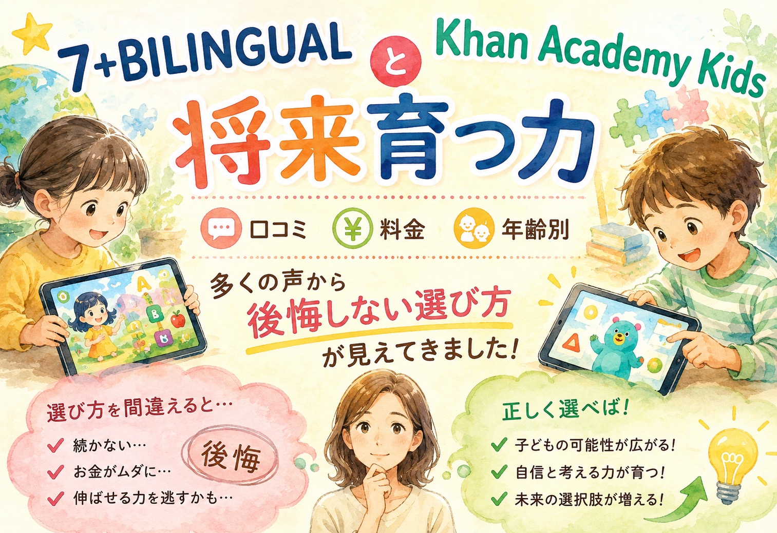 7+BILINGUALとKhan Academy Kids、将来育つ力と口コミ・料金・年齢別に比較したら多くの声から後悔しない選び方が見えてきました